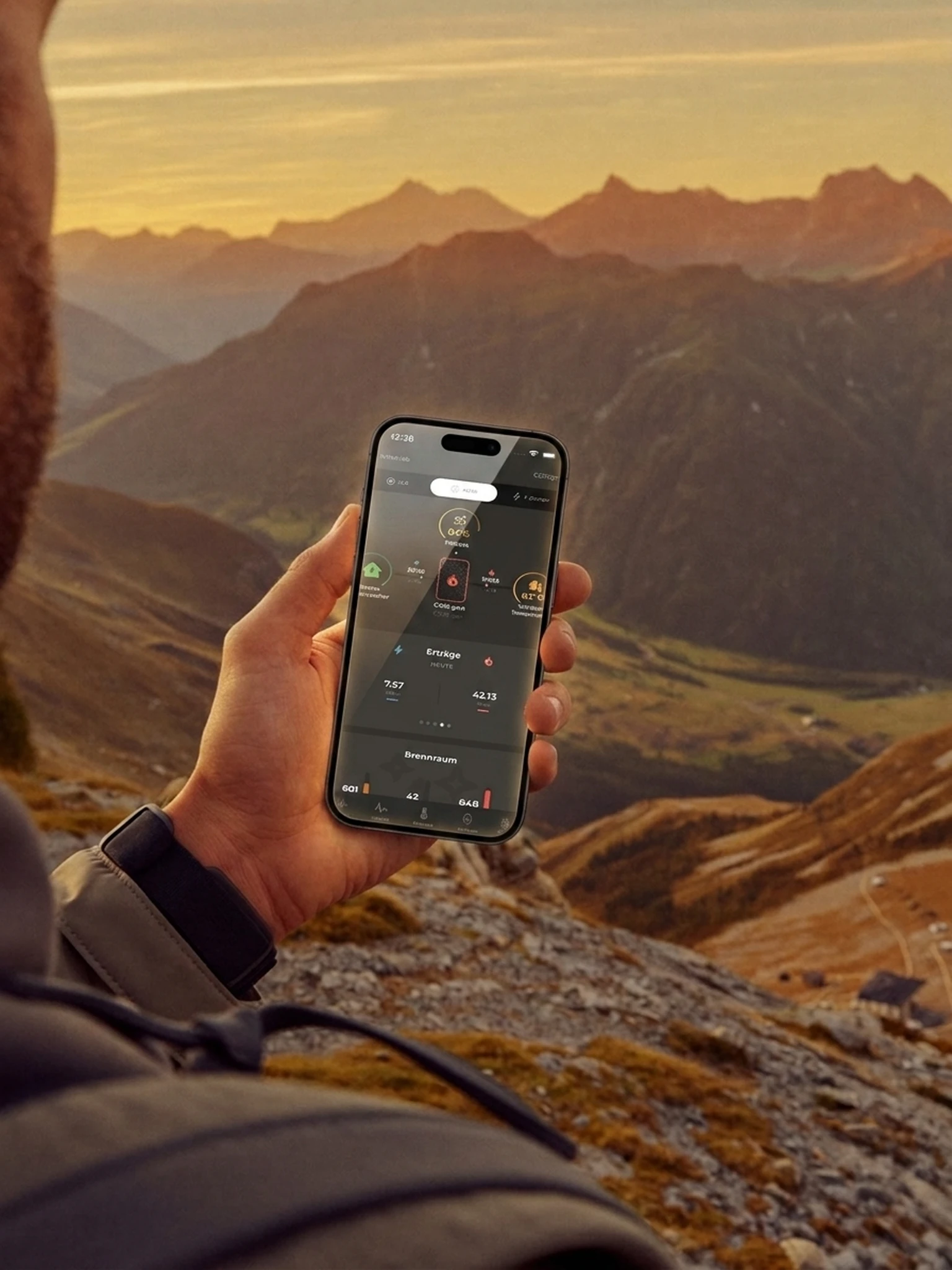 Wanderer am Berg hält iPhone mit der COR-App — Anlagenstatus im Blick