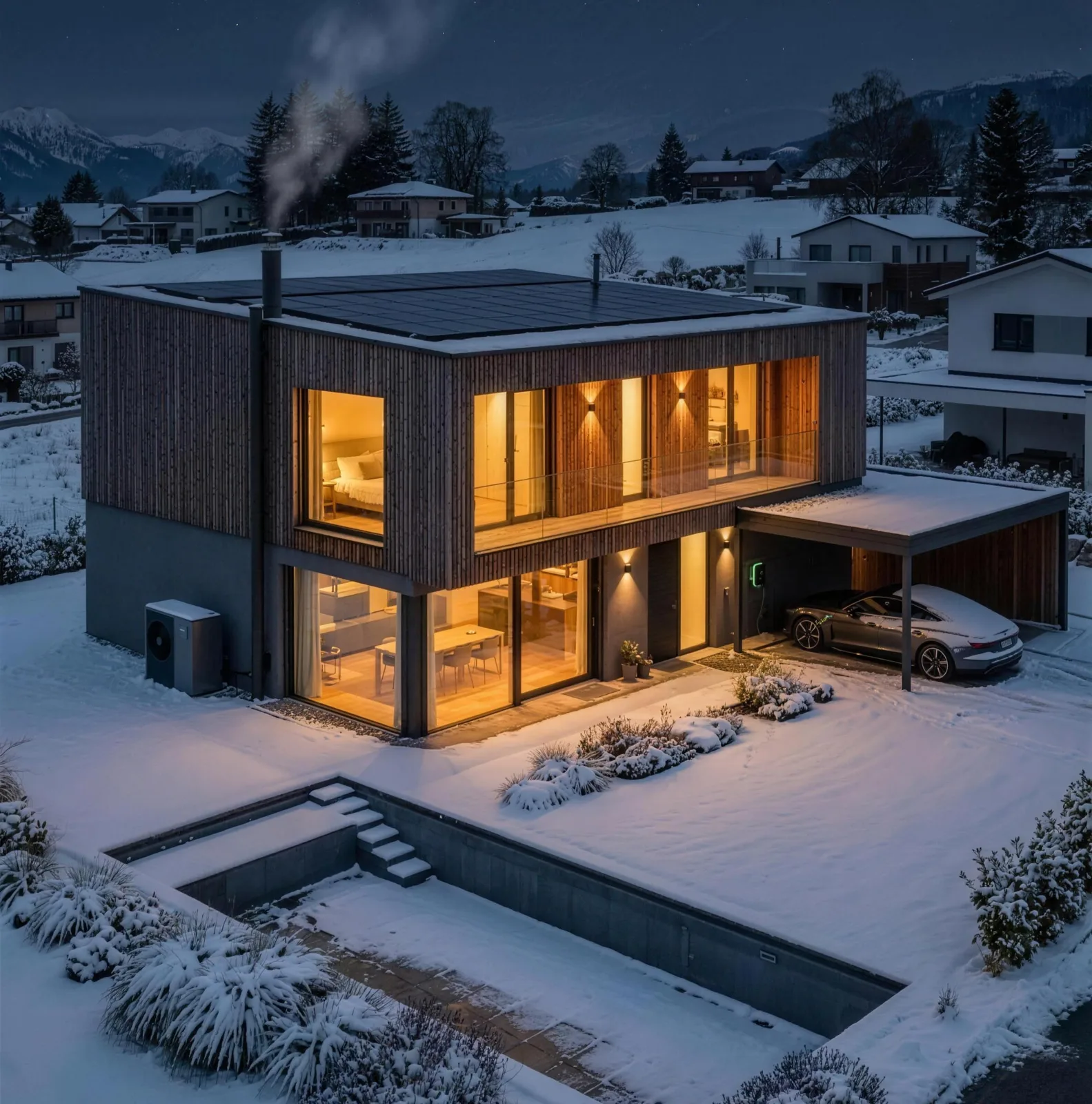 COR.home bei Nacht im Winter — warm erleuchtet mit PV, E-Auto und Wärmepumpe, während die Nachbarschaft im Blackout dunkel liegt