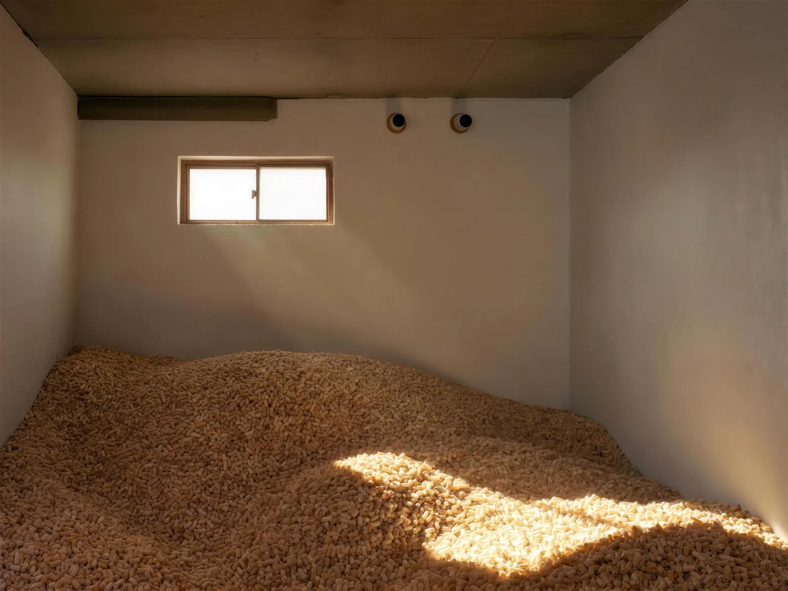 Kleiner Pelletslagerraum, tiefe Sonne fällt durchs Fenster auf die Pellets