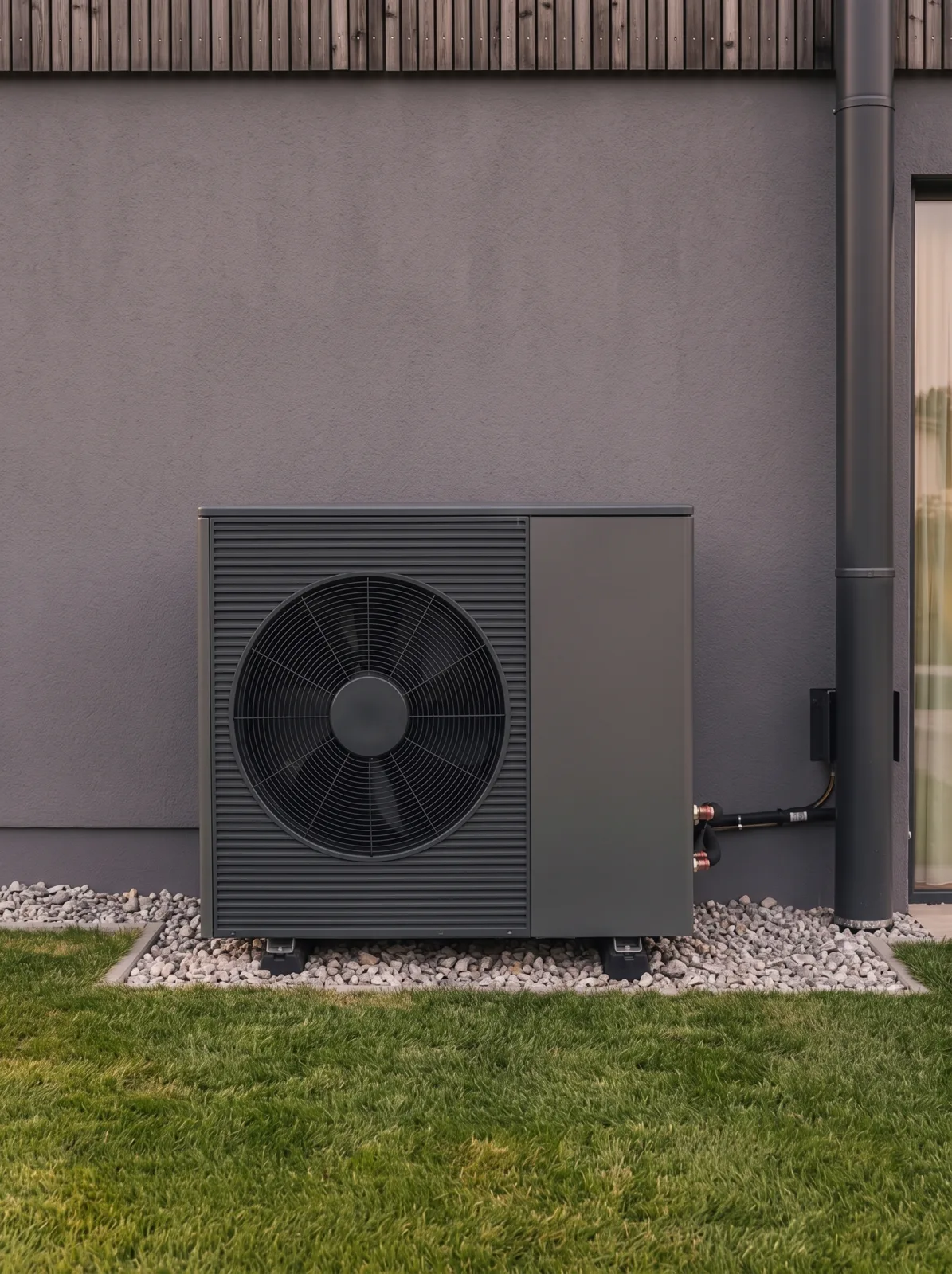 COR.boost Wärmepumpen-Außenmodul in Anthrazit an der Hausmauer von COR.home